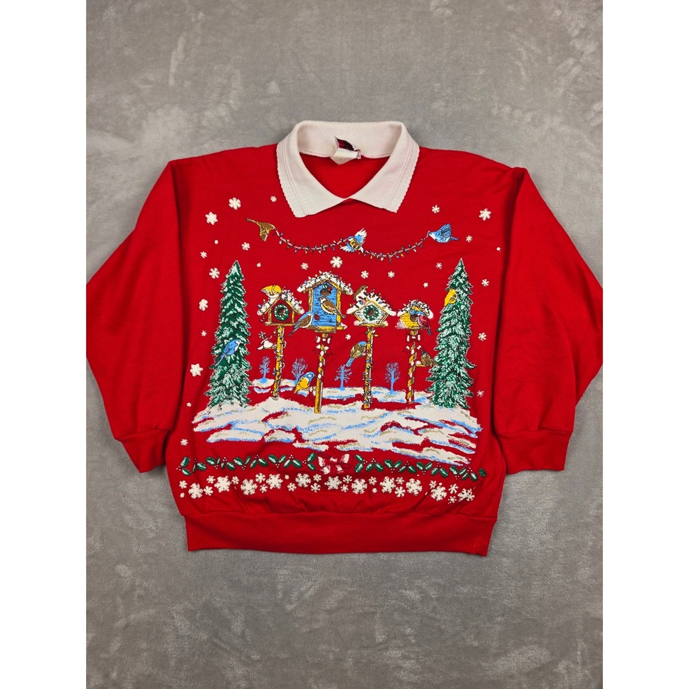 Vintage NutCracker Sweatshirt Womens L Red Christmas Birdhouse Winter Graphic